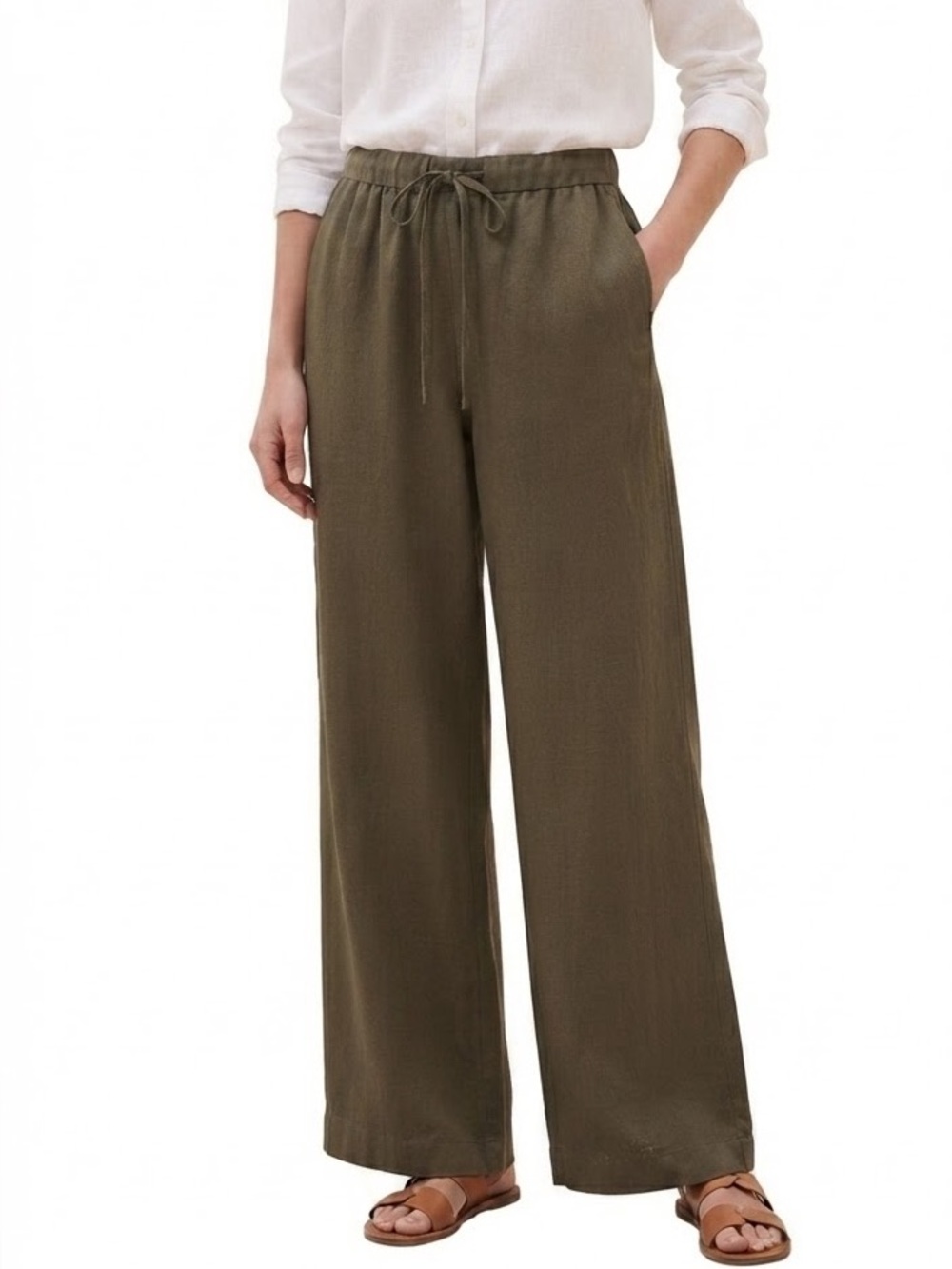 NWT M&S Linen Blend Wide Leg Pants Drawstring Dark Khaki US 6 UK 10